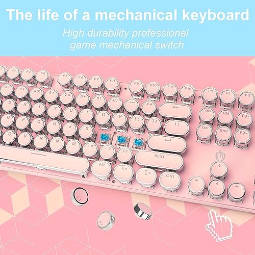 YSCP Typewriter Style Mechanical Gaming Keyboard White Backlit Wired with Blue Switch Retro Round Keycap 104 Keys Keyboard (Pink) - Image 3