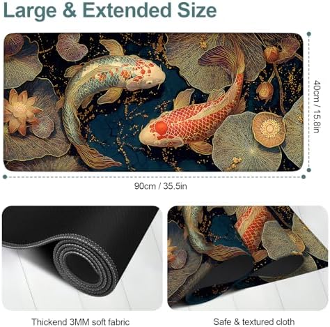 Koi Fish Gaming Mouse Pad 35.4"x15.7" Large Extended Pad Desk Mat Anti-Slip Rubber Base & Durable Stitched Edges for Gamers Smooth Mouse Pad Writing Surface for Desk Office/Home - Image 2