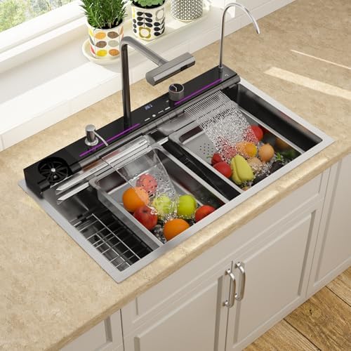 Lordear Drop In Kitchen Sink, 33 inch Waterfall Sink 16 Gauge Stainless Steel, Above Counter Smart Kitchen Sinks, Single Bowl with Integrated Faucet for High-Efficiency Cleaning - Image 3