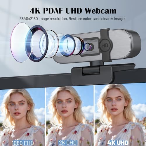 YQE 4K Webcam with Tripod, UHD Web Cam with Microphone, PDAF Autofocus Webcam with Remote Control, Privacy Cover, USB Type-A & A-to-C Adapter Computer Camera for Calling, Zoom/Teams/Facetime/Switch 2 - Image 2