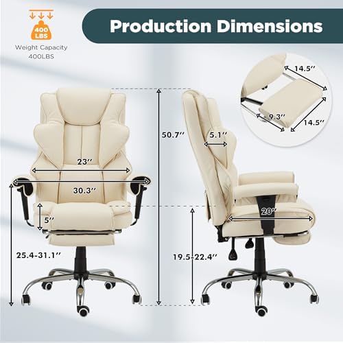 HOMREST Ergonomic Executive Office Chair, 6-Point Massage Manager Chair with Heating Function, Adjustable Backrest Home Office Chair with Adjustable Footrest and Armrests (Beige) - Image 3