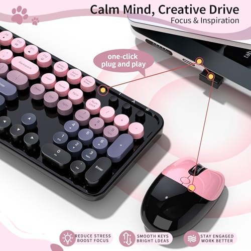 Wireless Keyboard and Mouse, MOFII 104 Round Keycaps Retro Typewriter with OTG & Brush, Full-Size Ergonomic, Ideal for Windows PC, Home, Office and College Peach Pink - Image 4