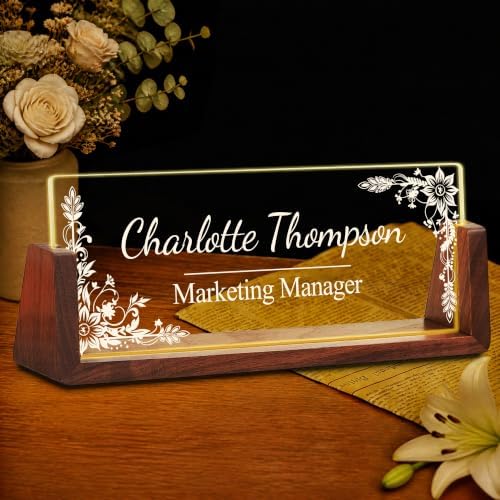 Custom Name Plate for Desk with LED Walnut Frame, Office Desk Decor by Unknown