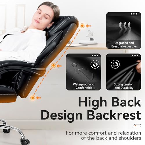 Office Chair, Executive Leather Office Chairs with Rocking Function, Big and Tall Ergonomic Computer Chair with Lumbar Support Flip-Up Armrests, Comfortable Gaming Chairs for Home Office - Image 4