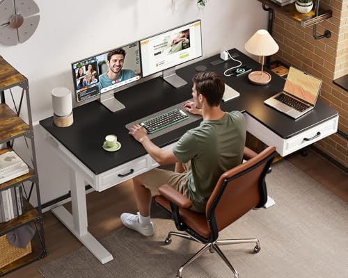 OffiGo 55 Inch L Shaped Standing Desk with 4 Wooden Drawers, White+Black - Image 2