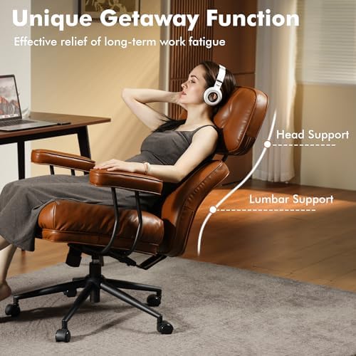 High Back Executive Office Chair with Comfortable Deep Seat,Brown PU Leather Modern Office Chair,Ergonomic Big and Tall Computer Desk Chair with Lumbar Support(Light Brown) - Image 5