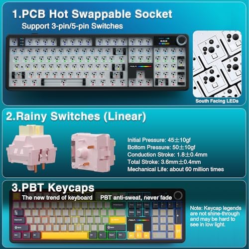 AULA F108 PRO - Wireless Mechanical Keyboard with Screen&Knob,Hot Swappable Gaming Keyboard with 8000mAh Battery,Pre-lubed Switches,RGB Backlit,PBT Keycaps Creamy Sounding Computer Keyboards,104 Keys - Image 5