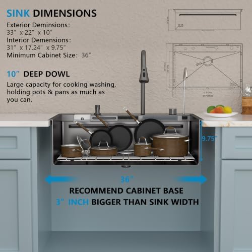 33"x22" Drop In Waterfall Kitchen Sink - Gunmetal Black NANO-PVD, 16 Gauge 304 Stainless Steel, Ledge Workstation Single Bowl Top Mount Smart Waterfall Sink with Faucet Combo & Glass Rinser - Image 5