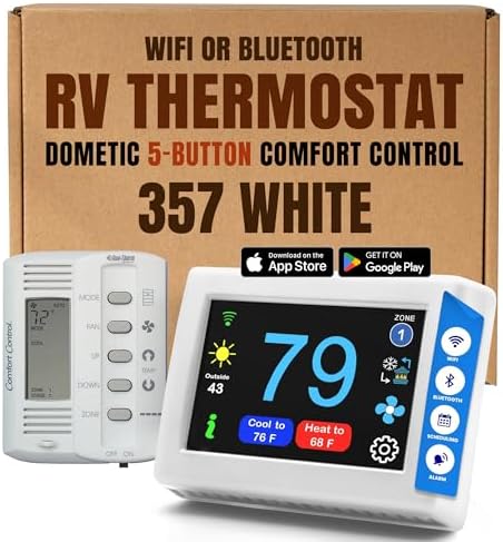 MICRO-AIR EasyTouch Digital RV Thermostat Replacement - Programmable and Reliable - WiFi and Bluetooth Enabled - Replacement Thermostat Compatible with Dometic 5 Button (357 White) by MicroAir