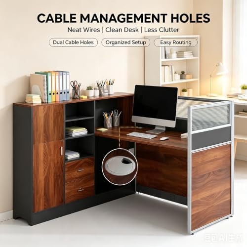 Modular Office Cubicle Workstation Desk with Privacy Panels and Cable Management, Long Computer Desk for Commercial Workspace, Sound Dampening Partition Wall (Walnut+Grey, 59IN) - Image 4