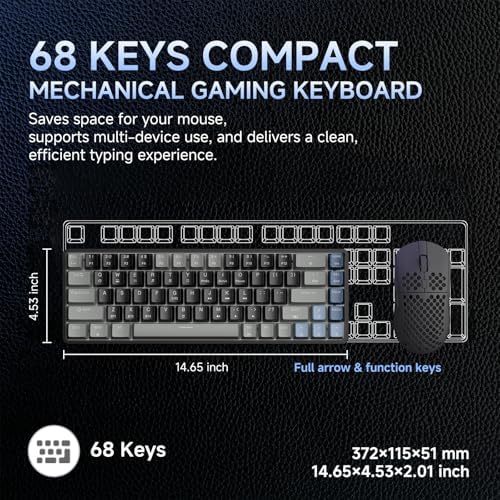 DIERYA DK68 60% Wireless Mechanical Gaming Keyboard, 3-Mode, Bluetooth 5.0/2.4G/USB-C, RGB Backlit, 68-Key Compact Mini for Windows, Mac, Linux - Linear Red Switch - Grey/Black - Image 3