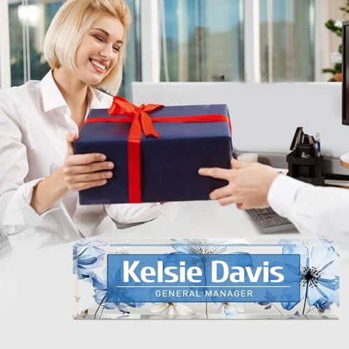 Custom Name Plate for Desk - Personalized Gifts Acrylic Name Plate for Women Men - Office Decor Gifts for Coworkers, Boss, Employees, Teacher, Social Worker (Blue Flower) - Image 4