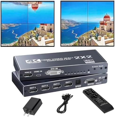 4K 2x2 HDMI/DVI/USB-C Video Wall Controller 4-Channel TV Wall Processor Support 1HDMI/DVI/Type-C USB In 4HDMI＋1SPDIF Audio Out 90°/180° Rotate RS232 IR Remote 8 Splicing Modes 4×1 3×1 2×1 1×4 1×3 etc. by Unknown