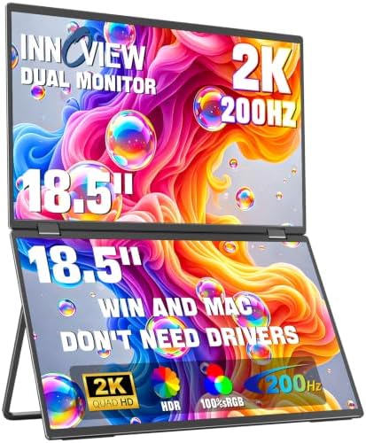 InnoView 18.5" Dual Portable Monitor 2K 200Hz 100% sRGB - Foldable & Stackable Design with 315° Screen Adjustment & 180° Stand | DP/USB-C/HDMI, Second Monitor for Laptop, Mac, Windows by InnoView