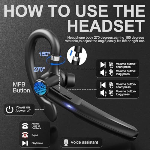 Bluetooth 5.3 Headset, 60Hrs Single Ear Earpiece with Mic - Image 4