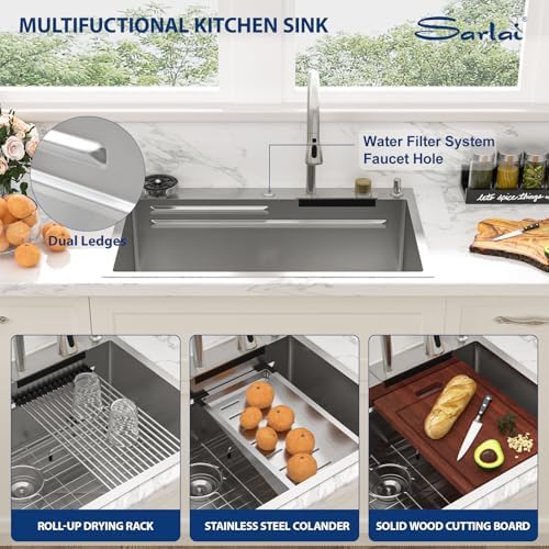 Sarlai 30 Inch Waterfall Kitchen Sink Drop In - 30x22 Waterfall Drop Workstation Stainless Steel 16 Gauge Multifunction Single Bowl Smart Top Mount Kitchen Sink with Faucet Combo - Image 6