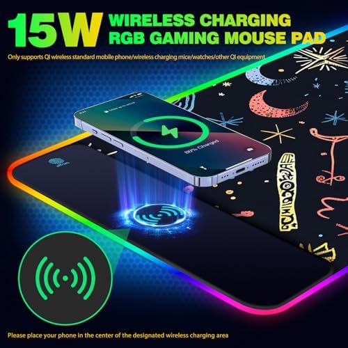 AIMSA RGB Gaming Mouse Pad with Wireless Charging, Large Keyboard Mouse Pad with 14 LED Light Modes, Non-Slip Rubber Base Waterproof Desk Pad for Home Office Decor, Abstract Moon Stars - Image 3