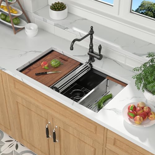 Mocoloo Black Undermount Kitchen Sink - 30x19 Kitchen Workstation Sink 16 Gauge Black Stainless Steel Single Bowl Handmade 30 Inch Undermount Ledge Workstation with Single Track - Image 2
