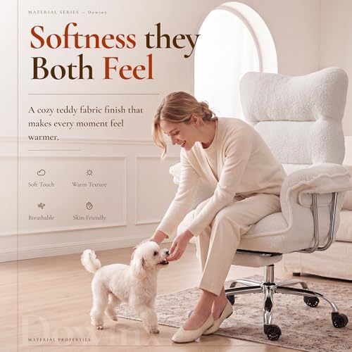 Dowinx Big and Tall Office Chair with Footrest, Ergonomic High Back Reclining Design, Wide Seat, Thick Cushion, Wide Armrests, Teddy Fleece Criss Cross Desk Chair, Pure White - Image 3