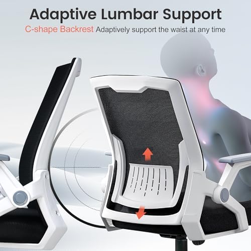 GTPLAYER Ergonomic Office Chair with Flip-up Armrests Executive Computer Chair for Home Office, Breathable Mesh & Comfy Lumbar Support, White - Image 6