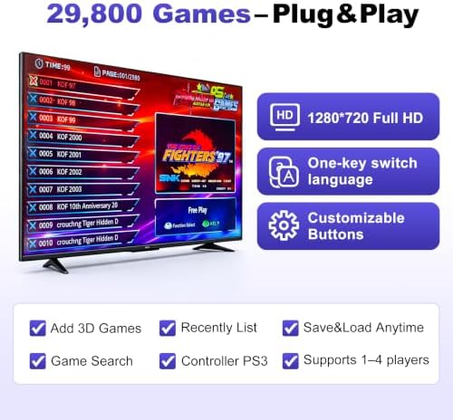 Pandora's Box Retro Arcade Game Console, 29,800 Built-in Games, 1-4 Players, HDMI & VGA Output for 4K TV/PC/Projector, All-in-one Control Console with Extended Shafts, Plug & Play - Image 3