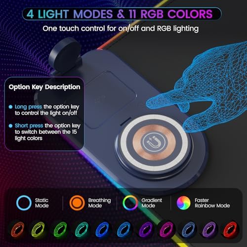15W Wireless Charging Mouse Pad with Phone Holder&20W Power Adapter, RGB Gaming Mouse Pad, 15 Lights Mode 31.5"x11.8" XXL Large Desk Pad,Ultra-Smooth Surface,Non-Slip Rubber Base - Image 6