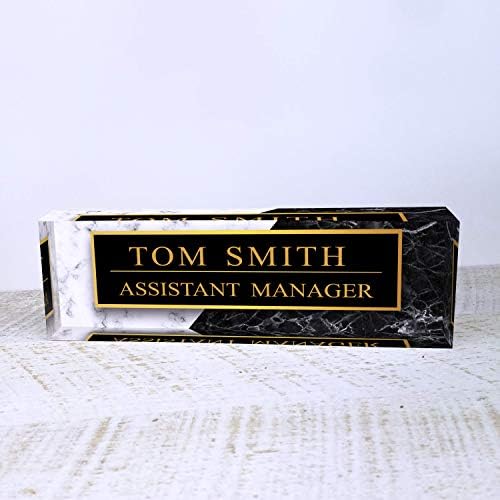 Artblox Office Desk Name Plate Personalized | Black & White Marble Design Printed On Clear Acrylic Glass | Custom Name Plates for Desks | Office Desk Decor - (8" x 2.5") - Image 2
