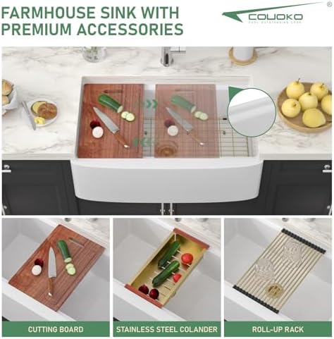 33 Inch White Farmhouse Sink Workstation - Couoko White Curved Apron Front Fireclay Farmhouse Sink Large Deep Ceramic Single Bowl Farm Kitchen Sinks with Luxury Gold Accessories, 33" x 21" x10" - Image 4