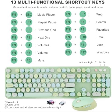 Wireless Keyboard and Mouse Combo, Ergonomic Full Size Typewriter Retro Round Keycaps Keyboard, Compatible with Windows, PC, Perfer for Home and Office Keyboards (Green - Image 4
