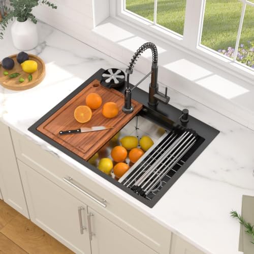 Dcolora 28"x21.2" Matte Black Drop In Kitchen Sink Workstation with Faucet - Image 2