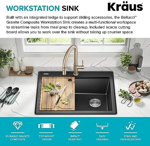 KRAUS Bellucci 28-inch Granite Workstation Drop In Top Mount Single Bowl Kitchen Sink in Metallic Black with Accessories, KGTW12-28MBL - Image 6