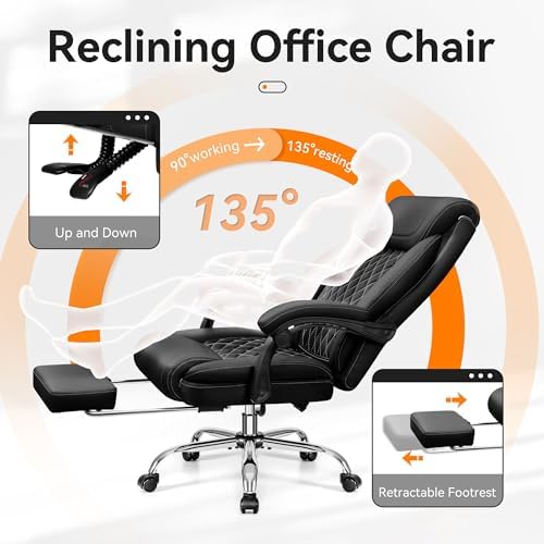 Office Chair, Executive Leather Office Chairs with Rocking Function, Big and Tall Ergonomic Computer Chair with Lumbar Support Flip-Up Armrests, Comfortable Gaming Chairs for Home Office - Image 6