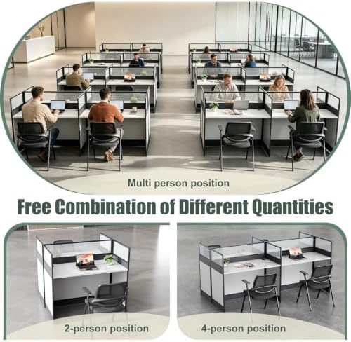 4 Person Cubicle Workstation Desk with Privacy Panels and Cable Management,Modular Long Office Desk for Commercial Workspace, Sound Dampening Partition Wall (White, 94.5IN) - Image 3
