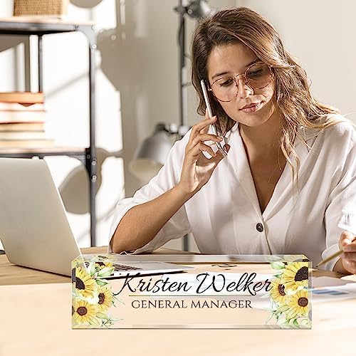 Personalized Office Name Plate for Desk - Custom Employee Appreciation Gifts - Acrylic Desk Name Plate Personalized - Staff Appreciation Gift for Teacher, Coworker, Nurse, Manager (Sunflower) - Image 2