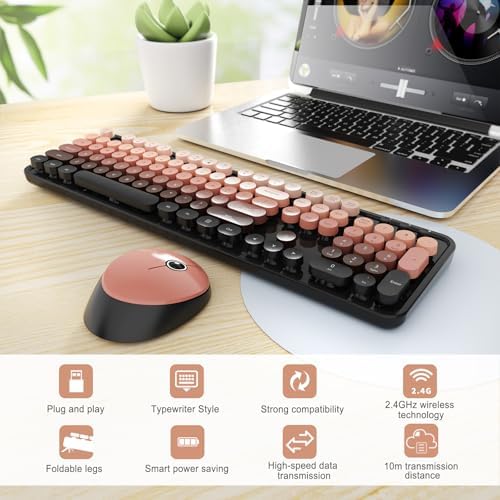 SkyGive Wireless Keyboard and Mouse Combo, Ergonomic Full Size Typewriter Retro Round Keycaps Keyboard, Compatible with Windows, PC, Perfect for Home and Office Keyboards (Aurora Red) - Image 2