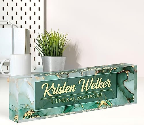 Name Plate for Desk, Desk Name Plate Personalized, Green Office Decor for Women Men, Acrylic Desktop Accessories, Office Gifts for Boss Nurse Teacher Coworker, Employee Appreciation Gift (Green Coast) by Spricoz