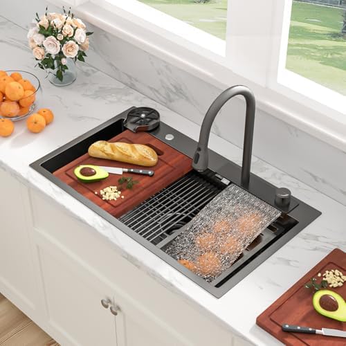 Sarlai Waterfall Kitchen Sink - 33 Inch Drop In Workstation Sink With Waterfall Black Stainless Steel 16 Gauge Multifunction Single Bowl Smart Top Mount Kitchen Sinks with Mechanical Keys 33x19x9 Inch - Image 2