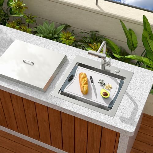 Sarlai Outdoor Sink - 21 x 20 Inch Drop In Workstation Kitchen Sink with Dust Lid and Faucet 16 Gauge Stainless Steel Single Bowl Bar Basin with Cutting Board BBQ Basin Outside - Image 2