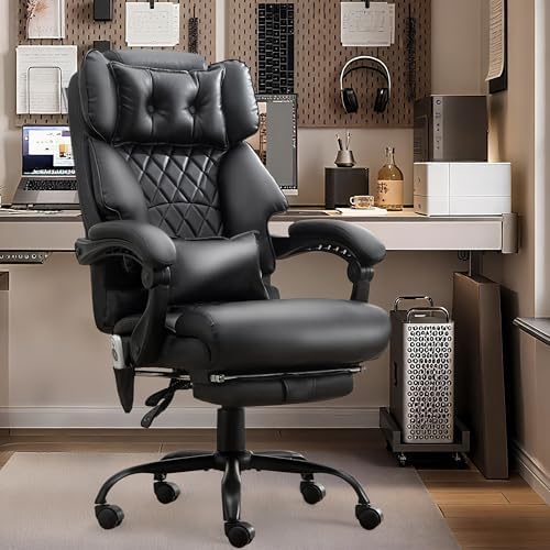 Massage Office Chair with Foot Rest,6 Points Vibration & Heat Executive Office Chairs,500LBS Big and Tall Office Chair for Heavy People,Ergonomic Reclining Desk Chair,Dual-Use Pillow,Home Office,Black - Image 2