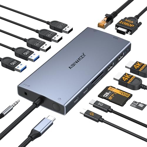 Docking Station Dual Monitor, 15 in 1 Triple Display Multiport Adapter Hub by ABIWAZY