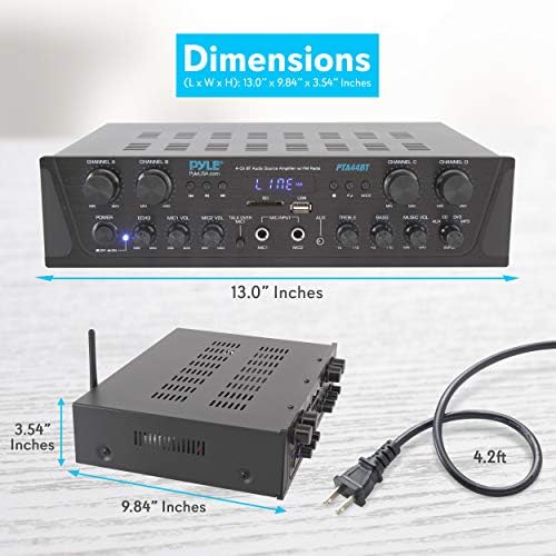 Pyle 500W Karaoke Amplifier with Bluetooth - 4 Channel Stereo Output, Front Panel Aux In, MIC1 / MIC2, Mic Vol with Echo / Talk Over, USB-A, SD/MMC, Sub Out, Rec Out - Home / Commercial -PTA44BT.5 - Image 2
