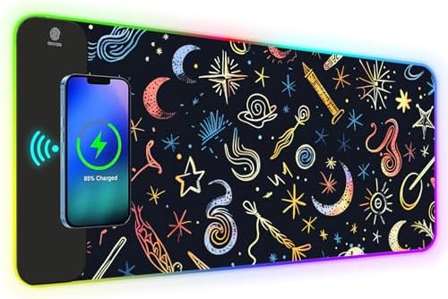 AIMSA RGB Gaming Mouse Pad with Wireless Charging, Large Keyboard Mouse Pad with 14 LED Light Modes, Non-Slip Rubber Base Waterproof Desk Pad for Home Office Decor, Abstract Moon Stars by AIMSA