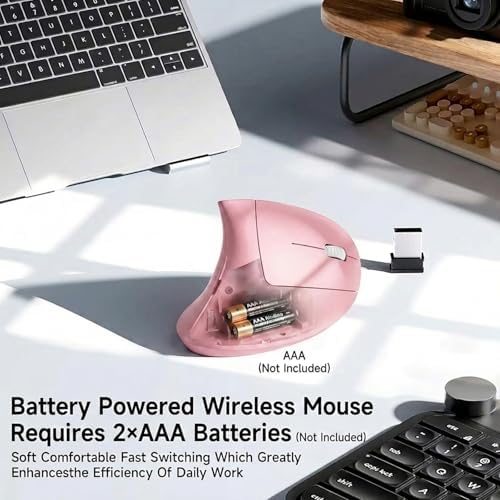 Ergonomic Vertical Wireless Mouse, 2.4G Optical Mouse with USB Receiver, 800-1600 DPI, Silent Click, Battery Powered, 5 Buttons, Stylish Comfortable Mouse for Laptop, PC, Mac, Computer (Pink) - Image 4