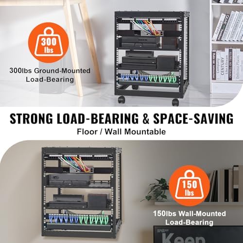 VEVOR 12U Open Frame Server Rack, 23-40 in Adjustable Depth, Free Standing or Wall Mount Network Server Rack, 4 Post AV Rack with Casters, Holds All Your Networking IT Equipment AV Gear Router Modem - Image 3