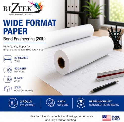 Wide Format Paper 30” x 500’ Rolls Bond Engineering 92 Bright, 20lb - 2 Rolls Per Carton with 3” Core - Image 4