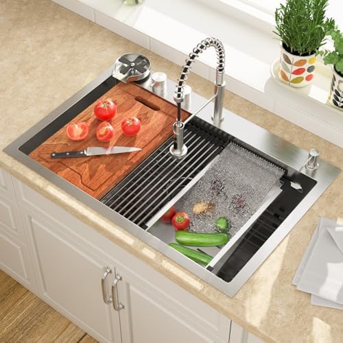 Lordear 30 Drop In Kitchen Sink with Faucet 30x22 Inch Waterfall Kitchen Sinks Topmount Stainless Steel 16 Gauge Single Bowl Workstation Kitchen Sink with Two Multifunctional Switch Knob by LORDEAR