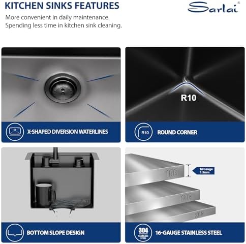 Sarlai Black Undermount Bar Sink With Foldable Faucet - 13x15 Inch Outdoor Black Kitchen Sink RV Workstation 16 Gauge Stainless Steel Single Bowl Handmade Outdoor BBQ Sinks with Lid - Image 6