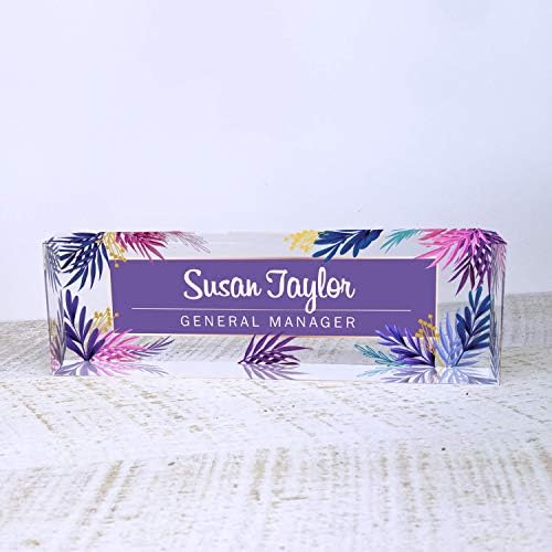 Artblox Office Desk Name Plate Personalized | Custom Name Plates for Desks | Purple Leaf Design On Clear Acrylic Glass | Office Desk Decor - (8" x 2.5") - Image 2