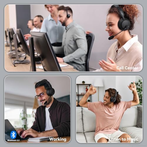 Bluetooth Headset with Microphone, Noise Cancelling Wireless Headset with Mic for Work, Bluetooth 5.3 Dual Connection, 60H Battery, Mute Button, Bluetooth Headphones with Mic for PC/Laptop/Zoom/Teams - Image 7