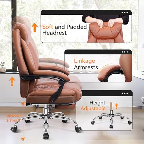 Office Chair, Executive Leather Office Chairs with Rocking Function, Big and Tall Ergonomic Computer Chair with Lumbar Support Flip-Up Armrests, Comfortable Gaming Chairs for Home Ofiice - Image 5
